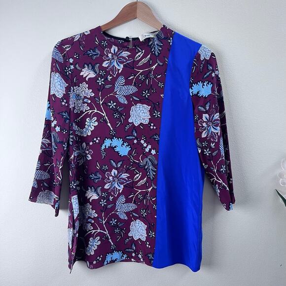 Diane Von Furstenberg Floral Silk Red Sophisticated Blouse Red Blue Career Sz 4 - Picture 1 of 6